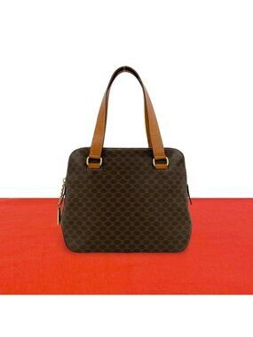 Celine Vintage Macadam Blason Triomphe Pattern Leather Handbag Mini Tote Brown